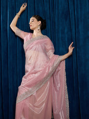 Pink Party Wear Net Embroidered Saree