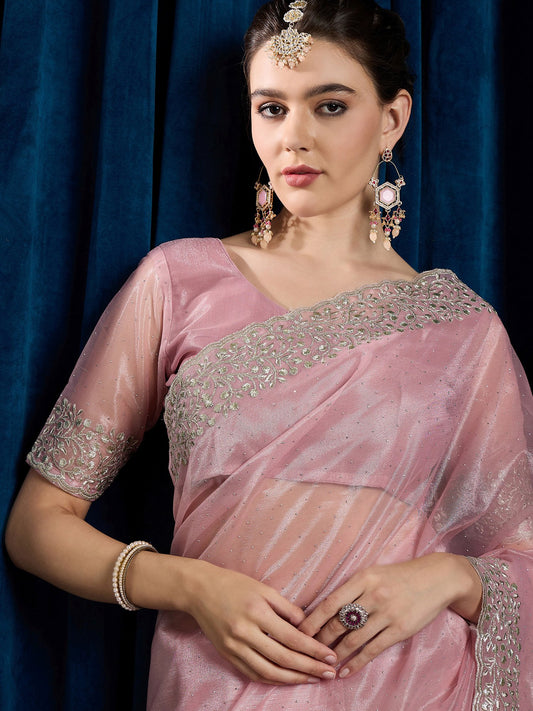 Pink Pink Party Wear Net Embroidered Saree