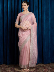 Pink Party Wear Net Embroidered Saree