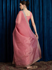 Pink Party Wear Paper Silk Embroidered Saree