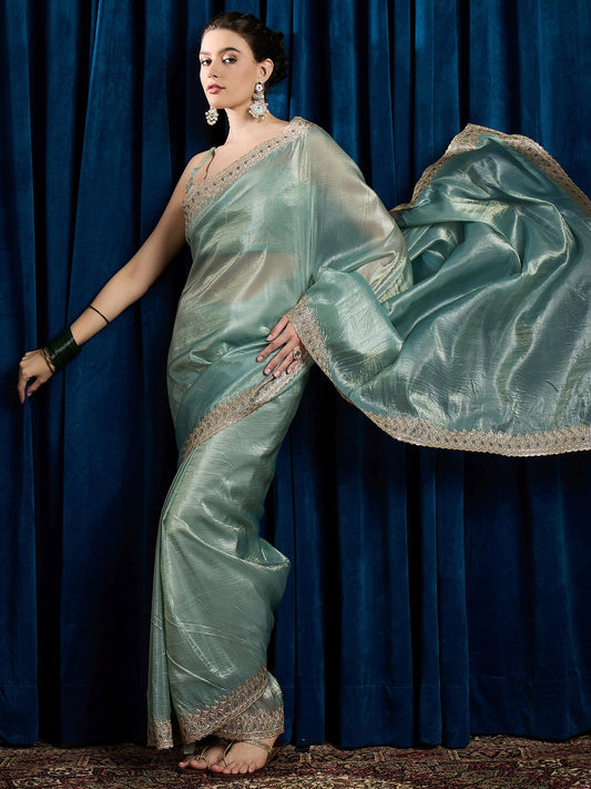 Green Sea Party Wear Paper Silk Embroidered Saree