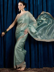 Green Sea Party Wear Paper Silk Embroidered Saree