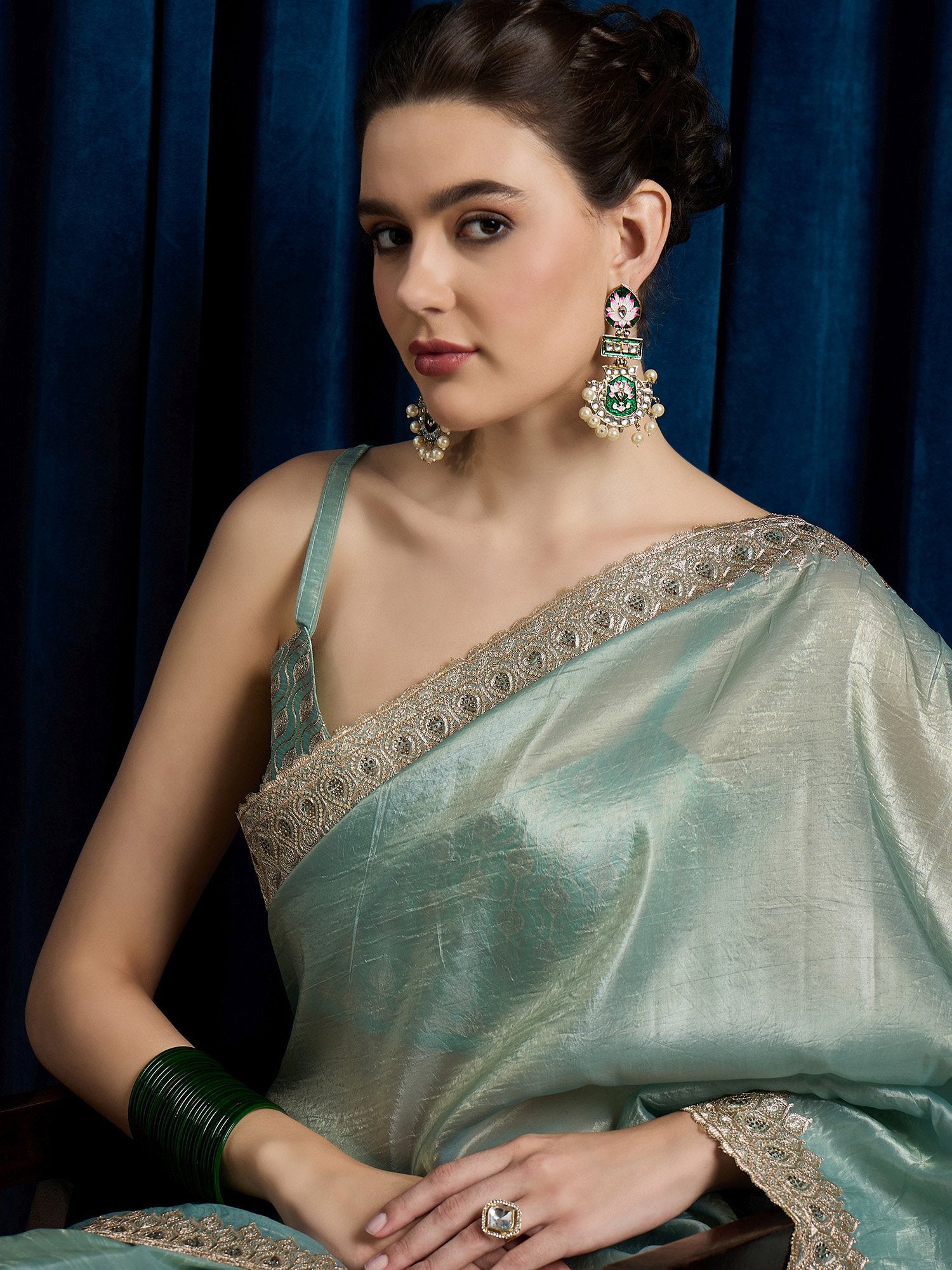 Sea Party Wear Paper Silk Embroidered Saree