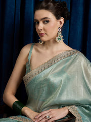 Sea Party Wear Paper Silk Embroidered Saree