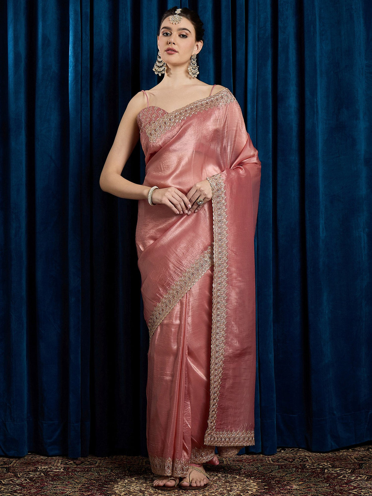 Pink Rose Party Wear Paper Silk Embroidered Saree