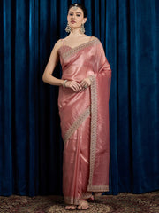 Pink Rose Party Wear Paper Silk Embroidered Saree