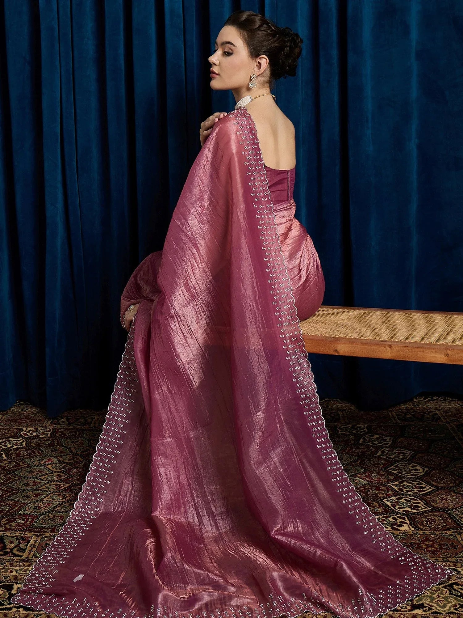 Pink Party Wear Paper Silk Embellished Saree - The Dori Store