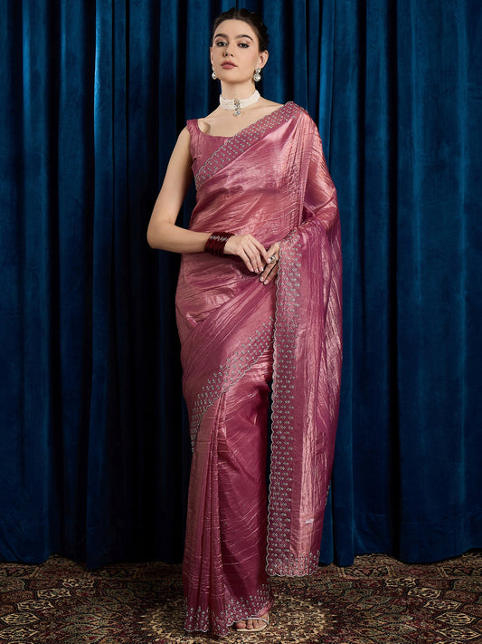 Pink Pink Party Wear Paper Silk Embellished Saree