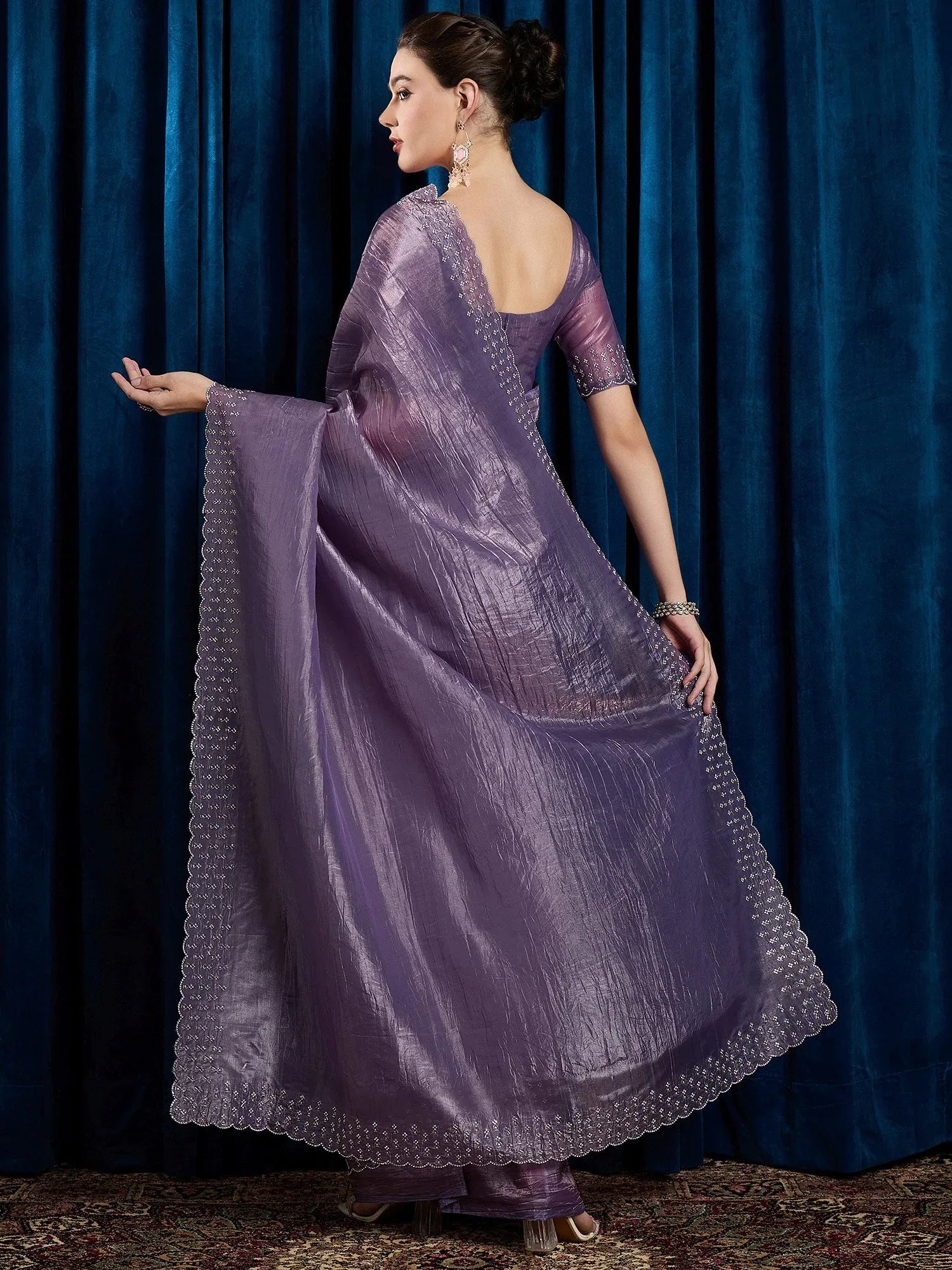 Lavendar Party Wear Paper Silk Embellished Saree - The Dori Store