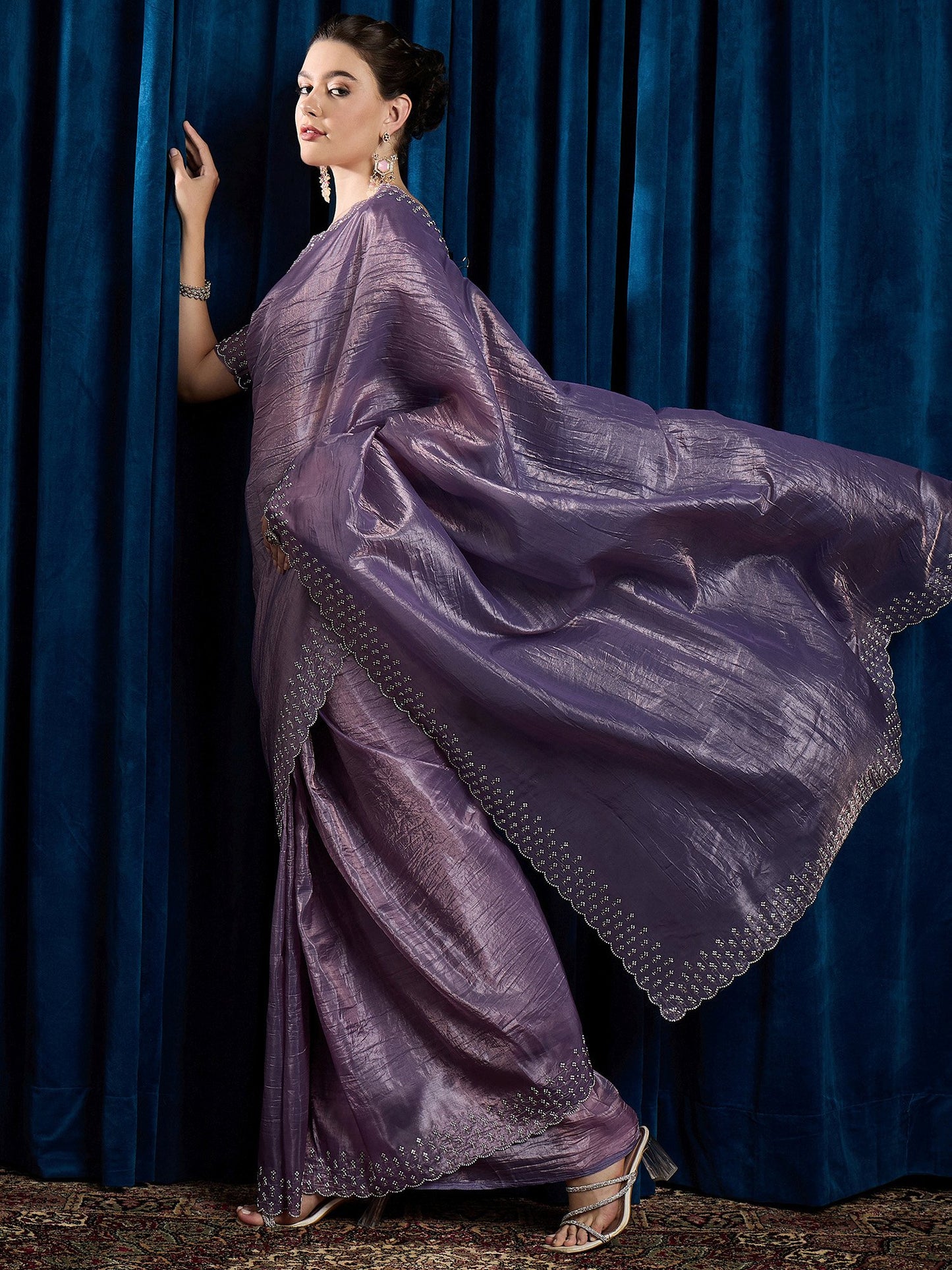 Lavendar Party Wear Paper Silk Embellished Saree