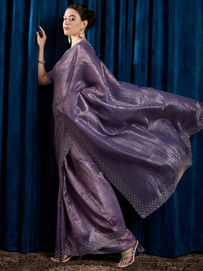 Lavendar Party Wear Paper Silk Embellished Saree