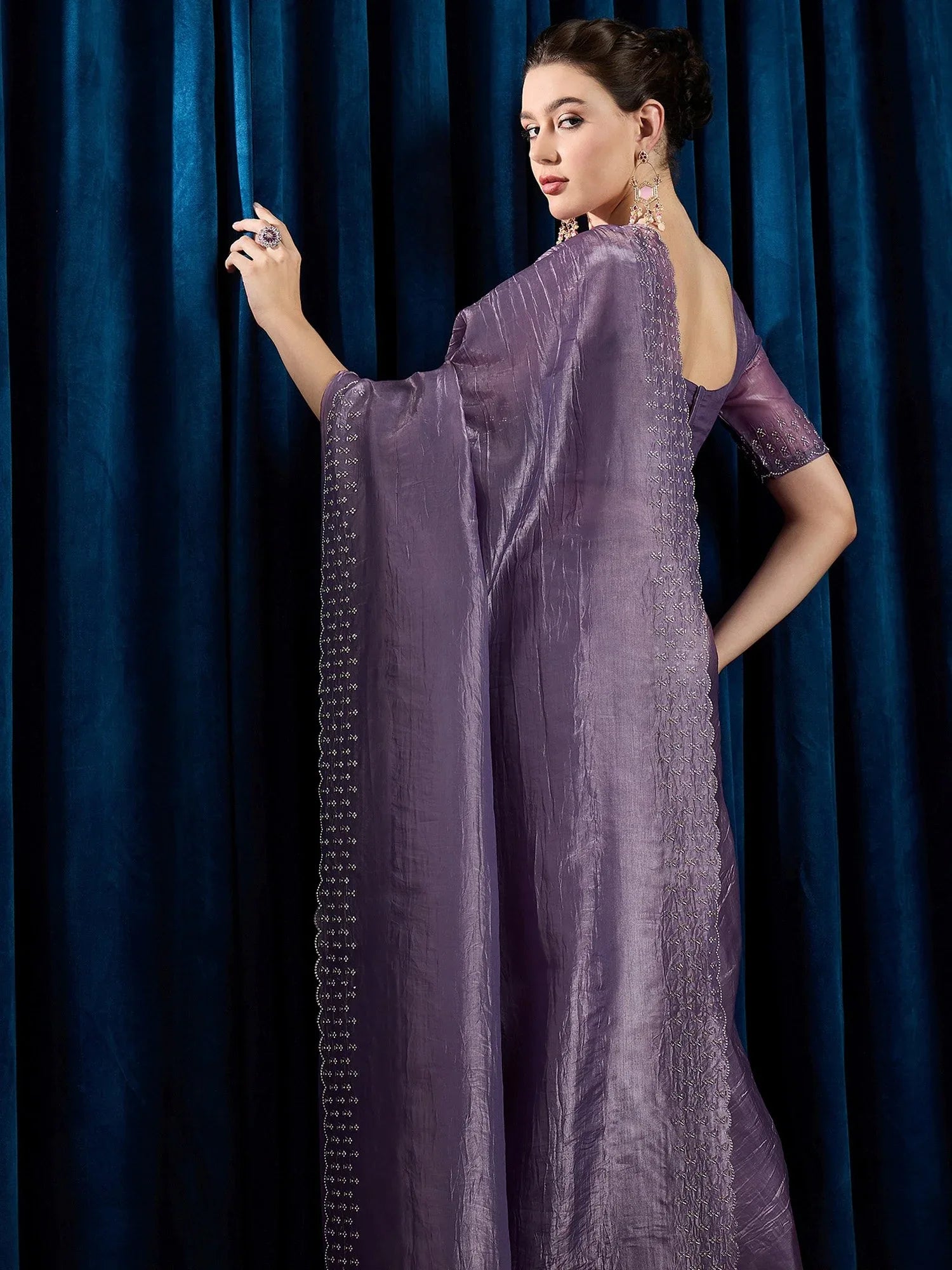 Lavendar Party Wear Paper Silk Embellished Saree - The Dori Store