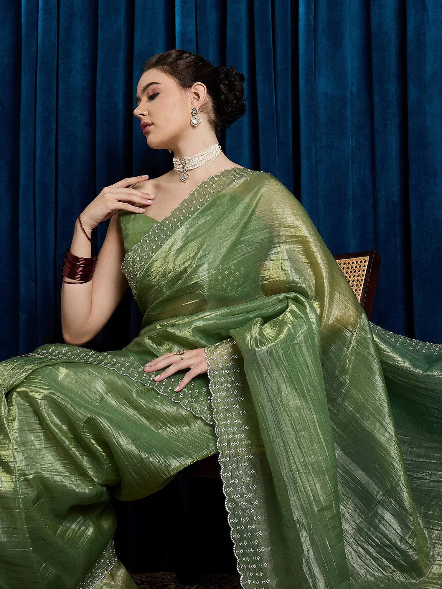 Green Party Wear Paper Silk Embellished Saree - The Dori Store