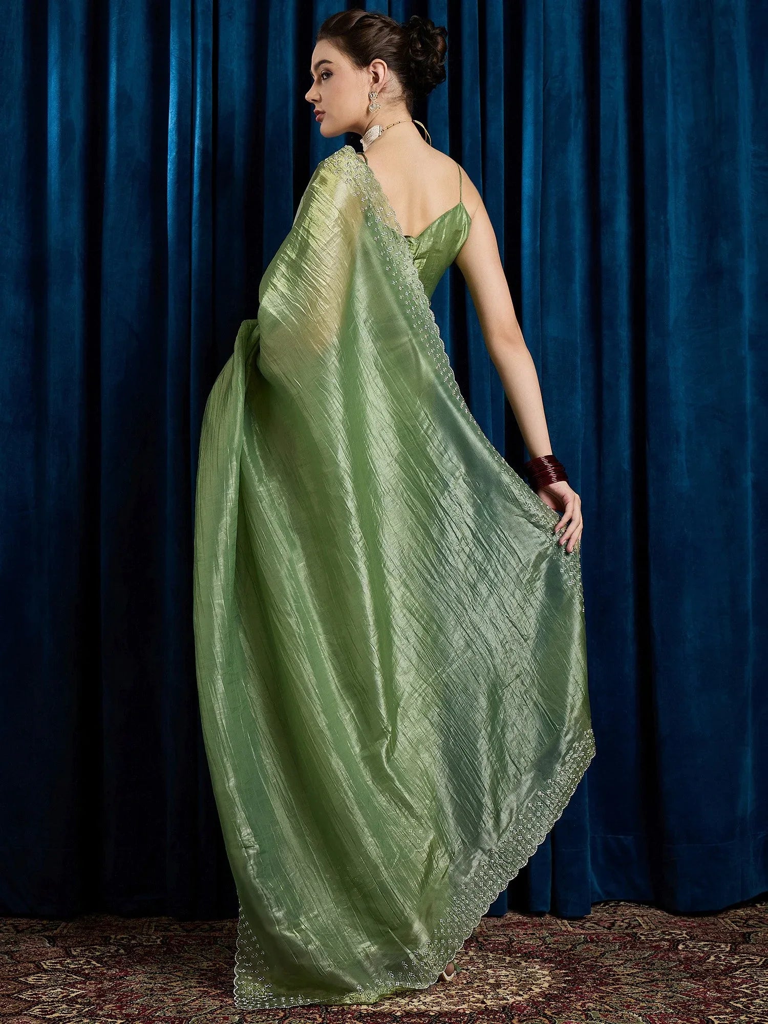 Green Party Wear Paper Silk Embellished Saree - The Dori Store