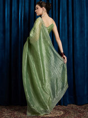 Green Party Wear Paper Silk Embellished Saree - The Dori Store