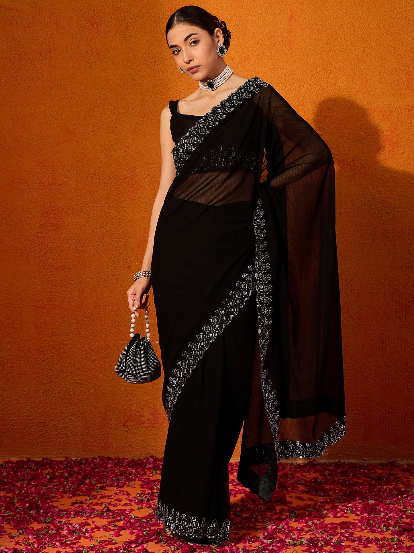 Black Party Wear Chiffon Embellished Saree