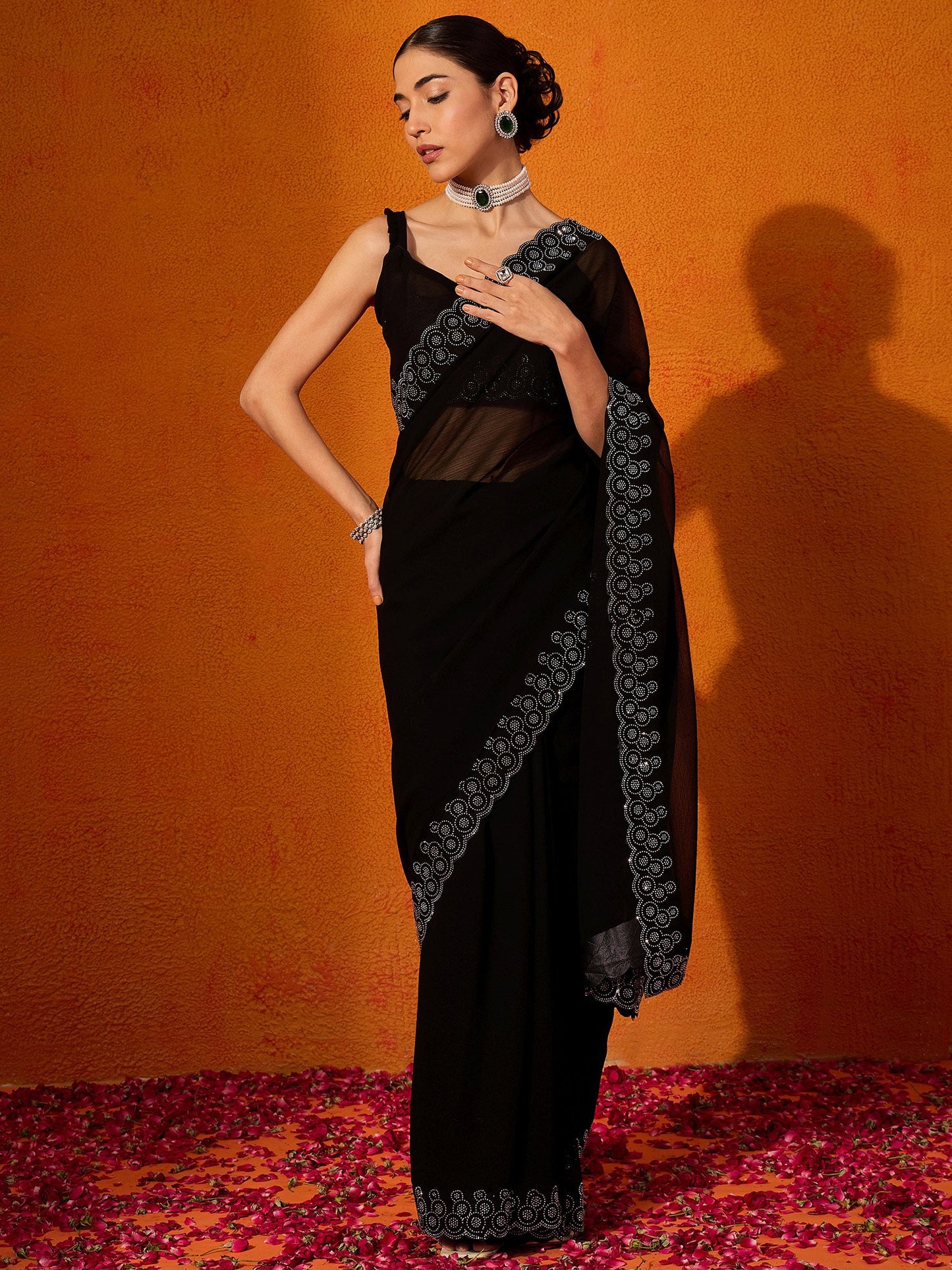 Black Black Party Wear Chiffon Embellished Saree