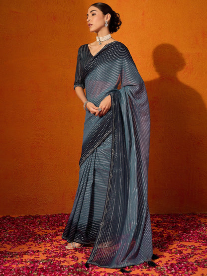 Grey Party Wear Chiffon Embellished Saree