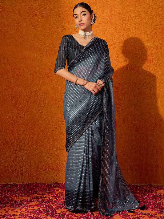 Grey Grey Party Wear Chiffon Embellished Saree