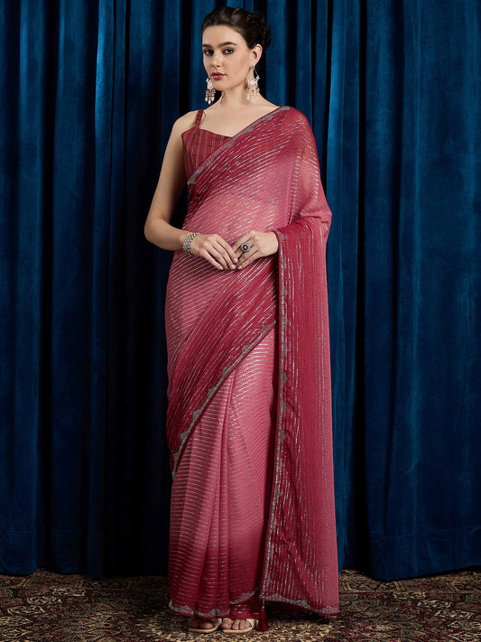 Pink Pink Party Wear Chiffon Embellished Saree