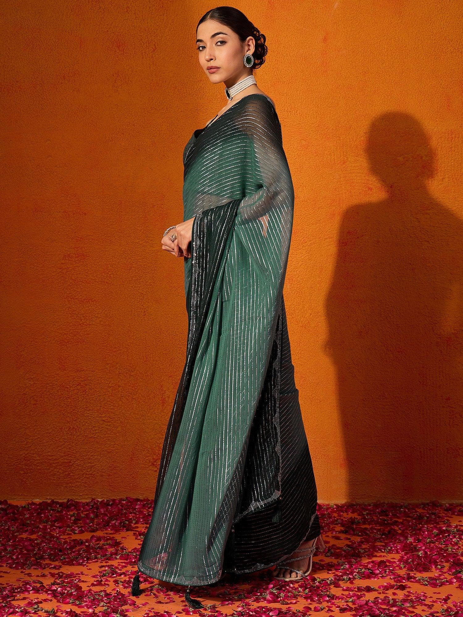 Green Party Wear Chiffon Embellished Saree - The Dori Store
