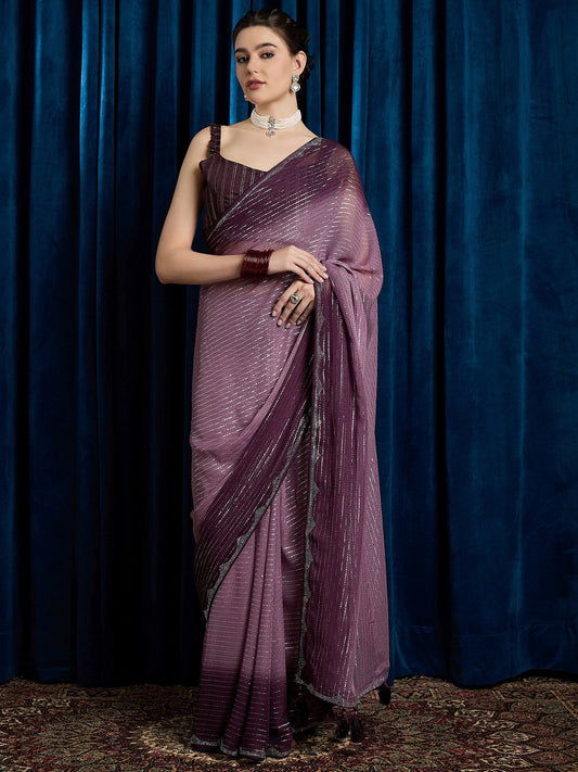 Purple Mauve Party Wear Chiffon Embellished Saree