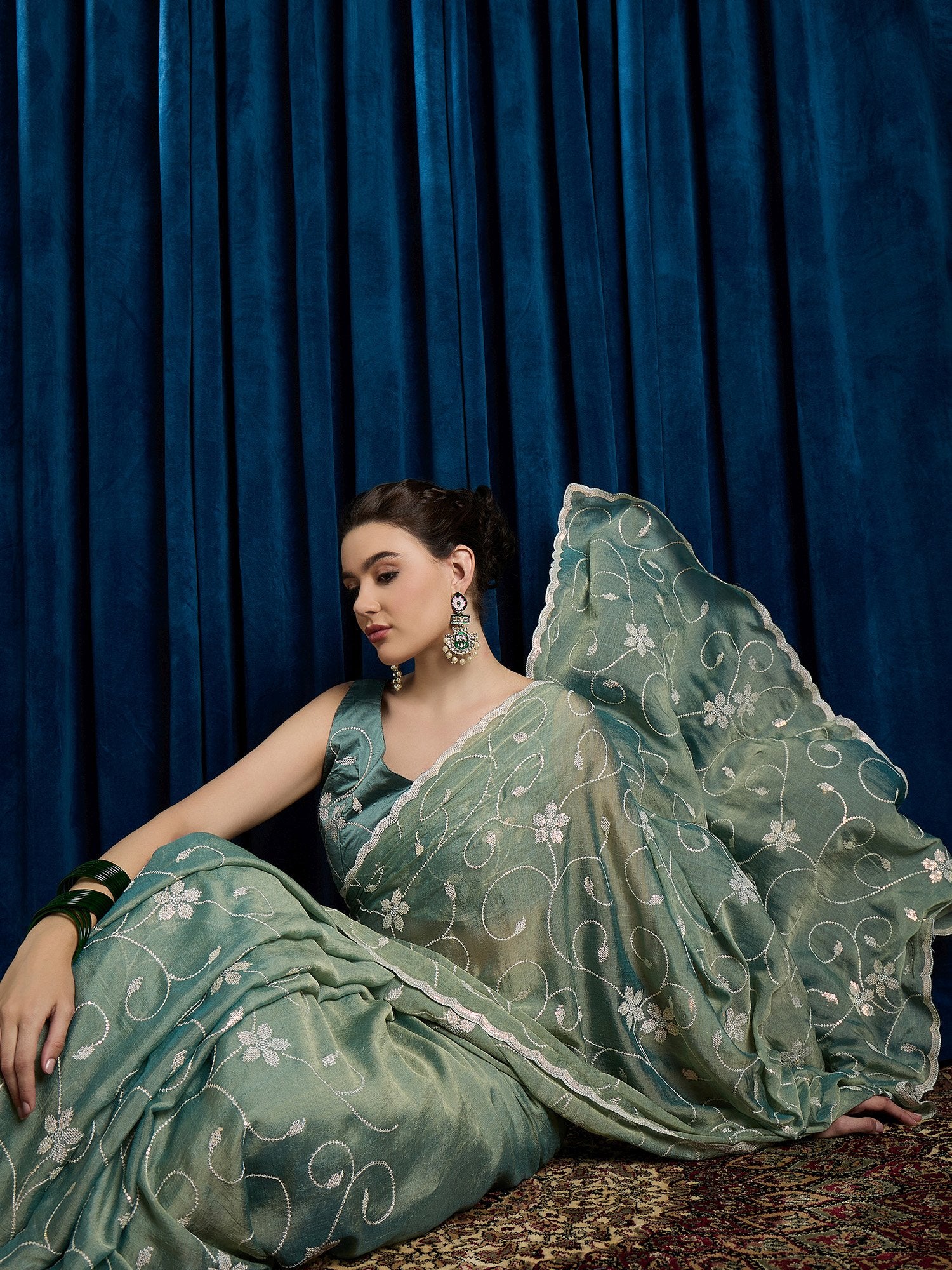 Sea Party Wear Chiffon Embroidered Saree