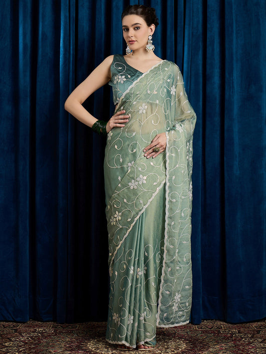 Green Sea Party Wear Chiffon Embroidered Saree