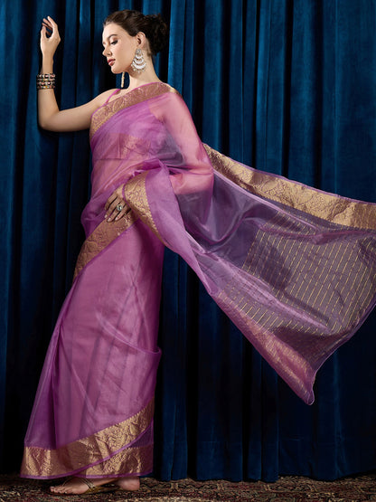 Mauve Party Wear Organza Woven Saree