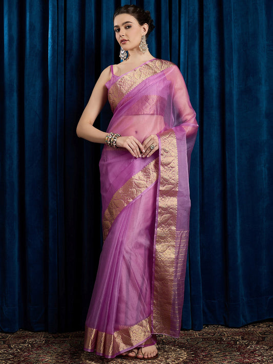Purple Mauve Party Wear Organza Woven Saree