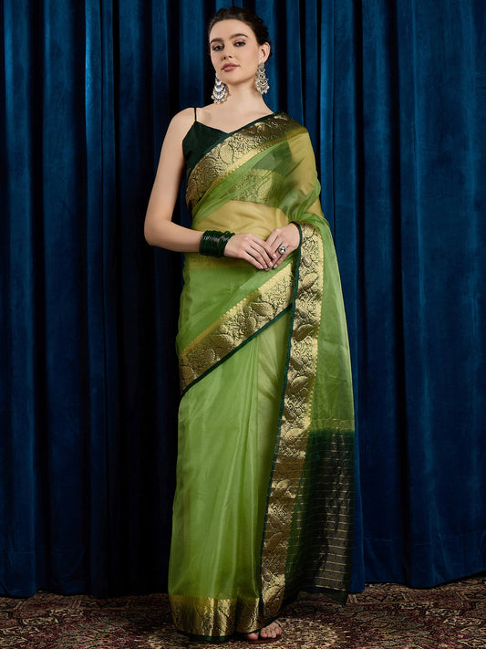Green Light Party Wear Organza Woven Saree