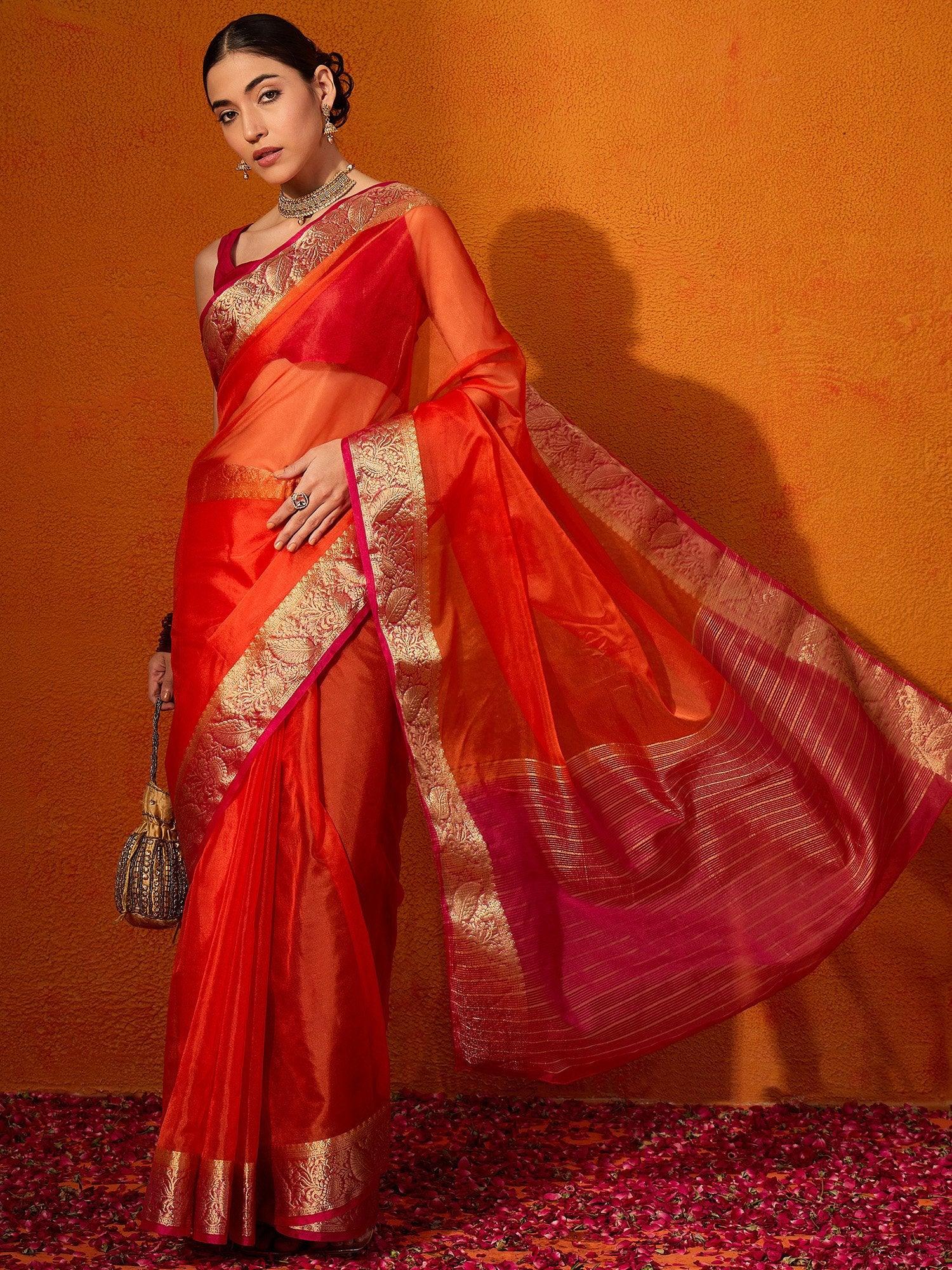 Orange Party Wear Organza Woven Saree