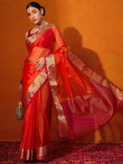 Orange Party Wear Organza Woven Saree
