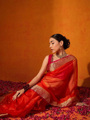 Orange Party Wear Organza Woven Saree