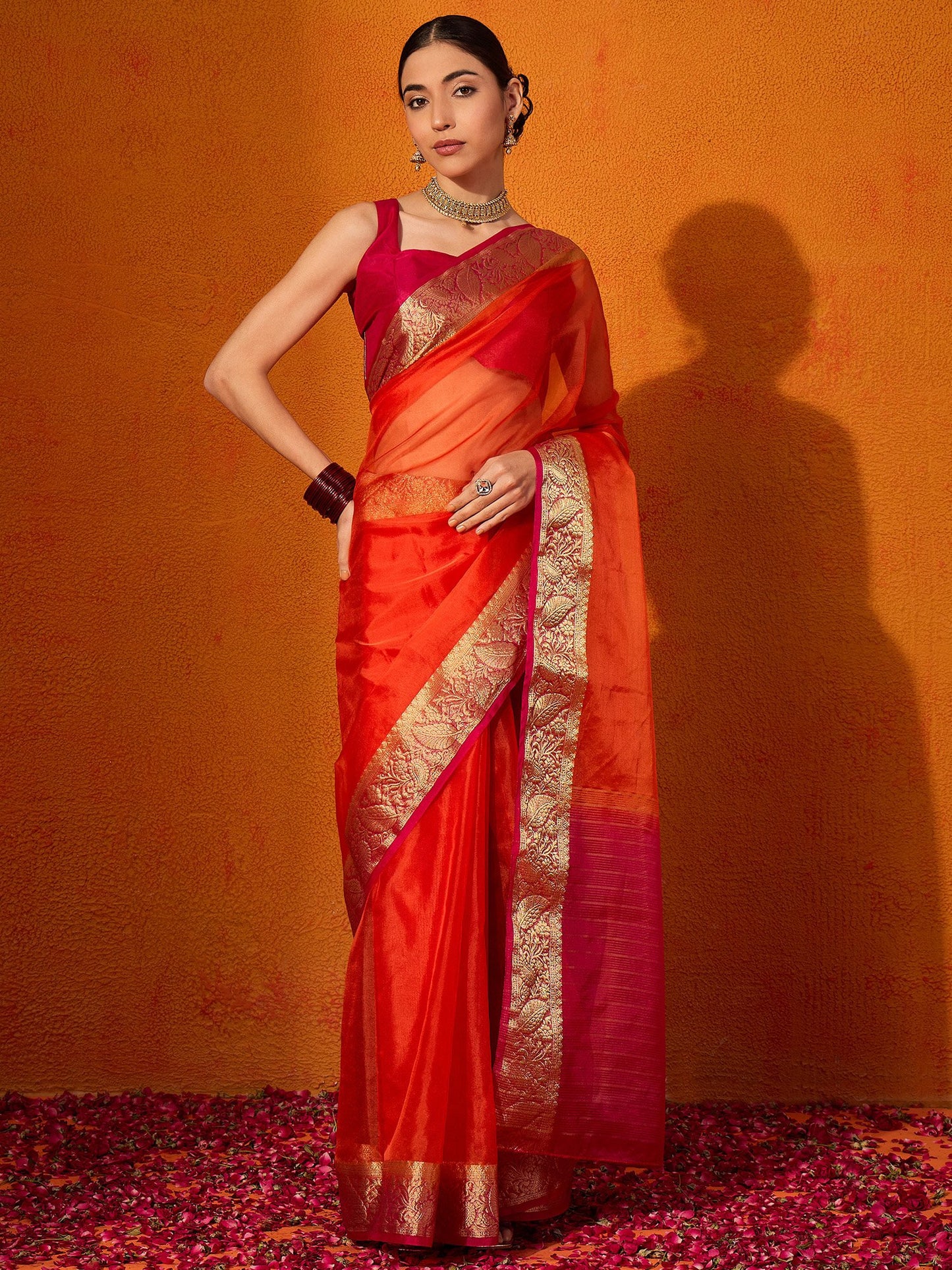 Orange Orange Party Wear Organza Woven Saree