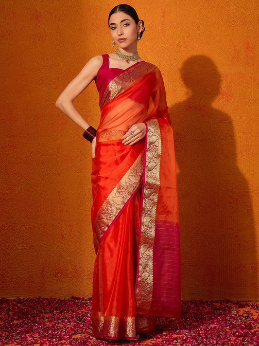 Orange Orange Party Wear Organza Woven Saree