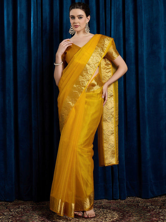 Yellow Mustard Party Wear Organza Woven Saree