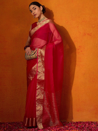 Red Party Wear Organza Woven Saree