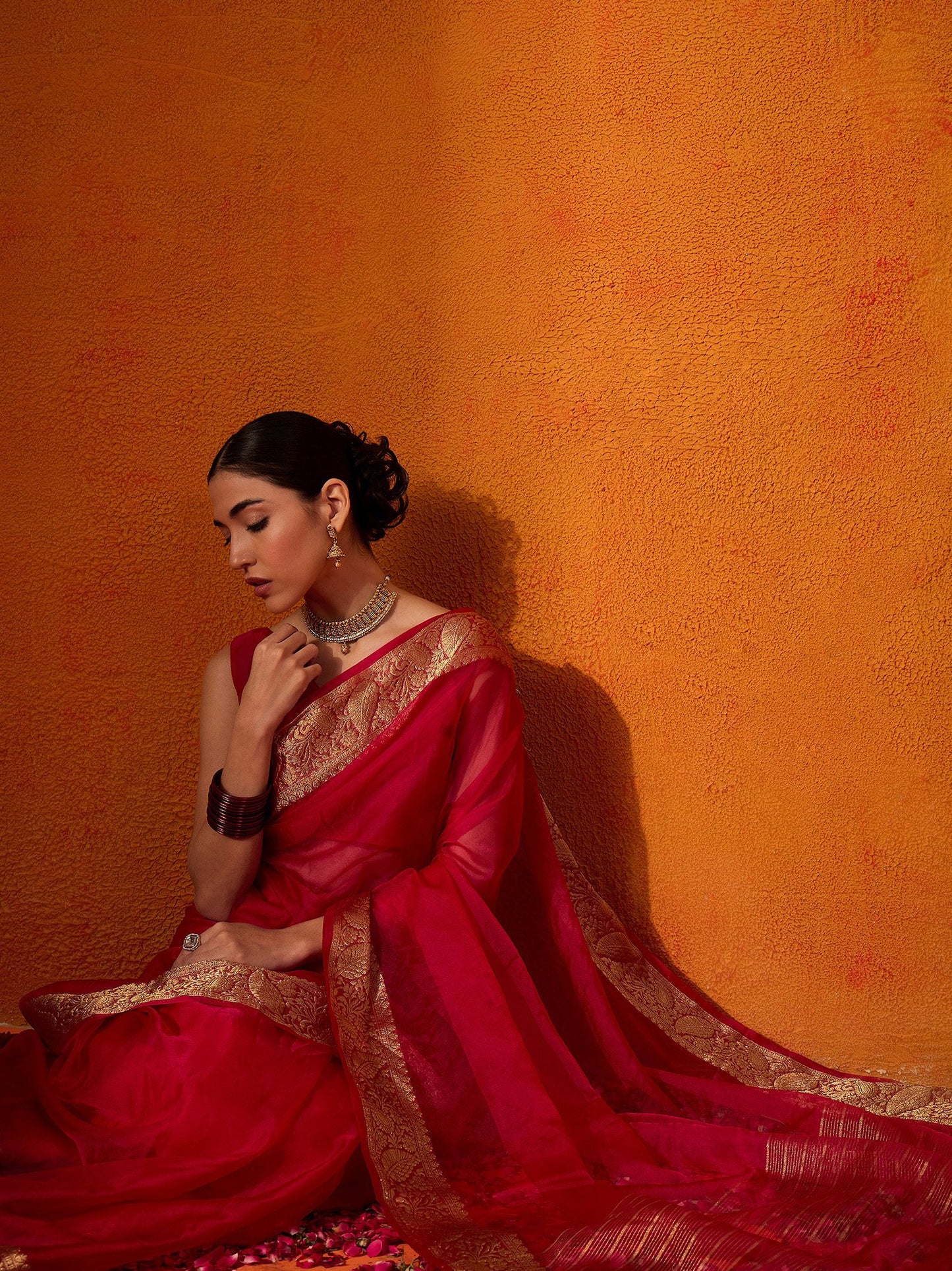 Red Party Wear Organza Woven Saree