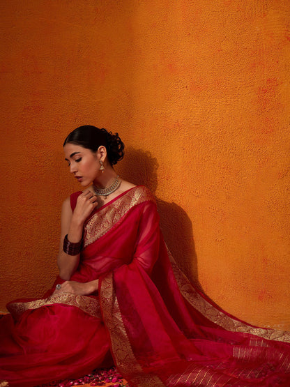 Red Party Wear Organza Woven Saree