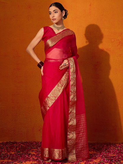 Red Red Party Wear Organza Woven Saree