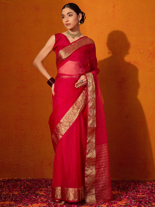 Red Red Party Wear Organza Woven Saree