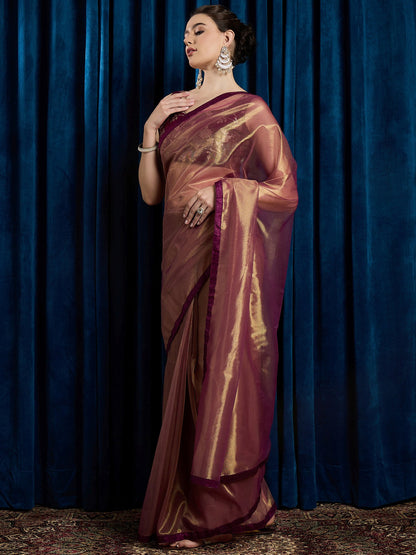 Burgundy Party Wear Net Embellished Saree