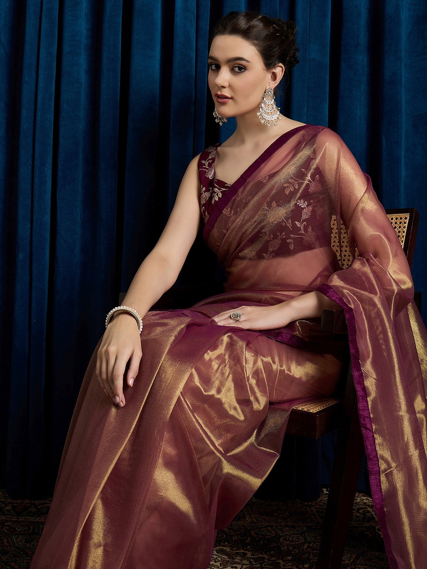 Burgundy Party Wear Net Embellished Saree
