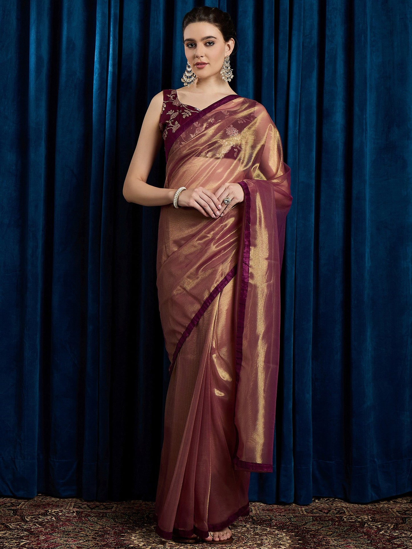 Purple Burgundy Party Wear Net Embellished Saree