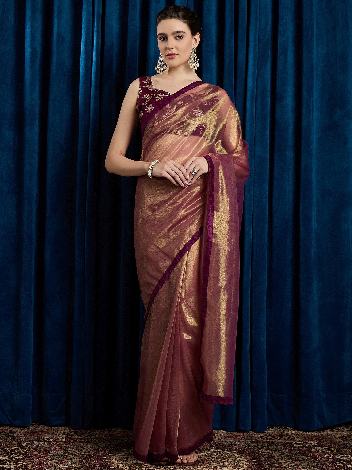 Purple Burgundy Party Wear Net Embellished Saree