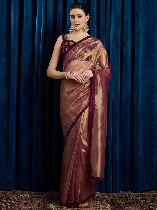Purple Burgundy Party Wear Net Embellished Saree