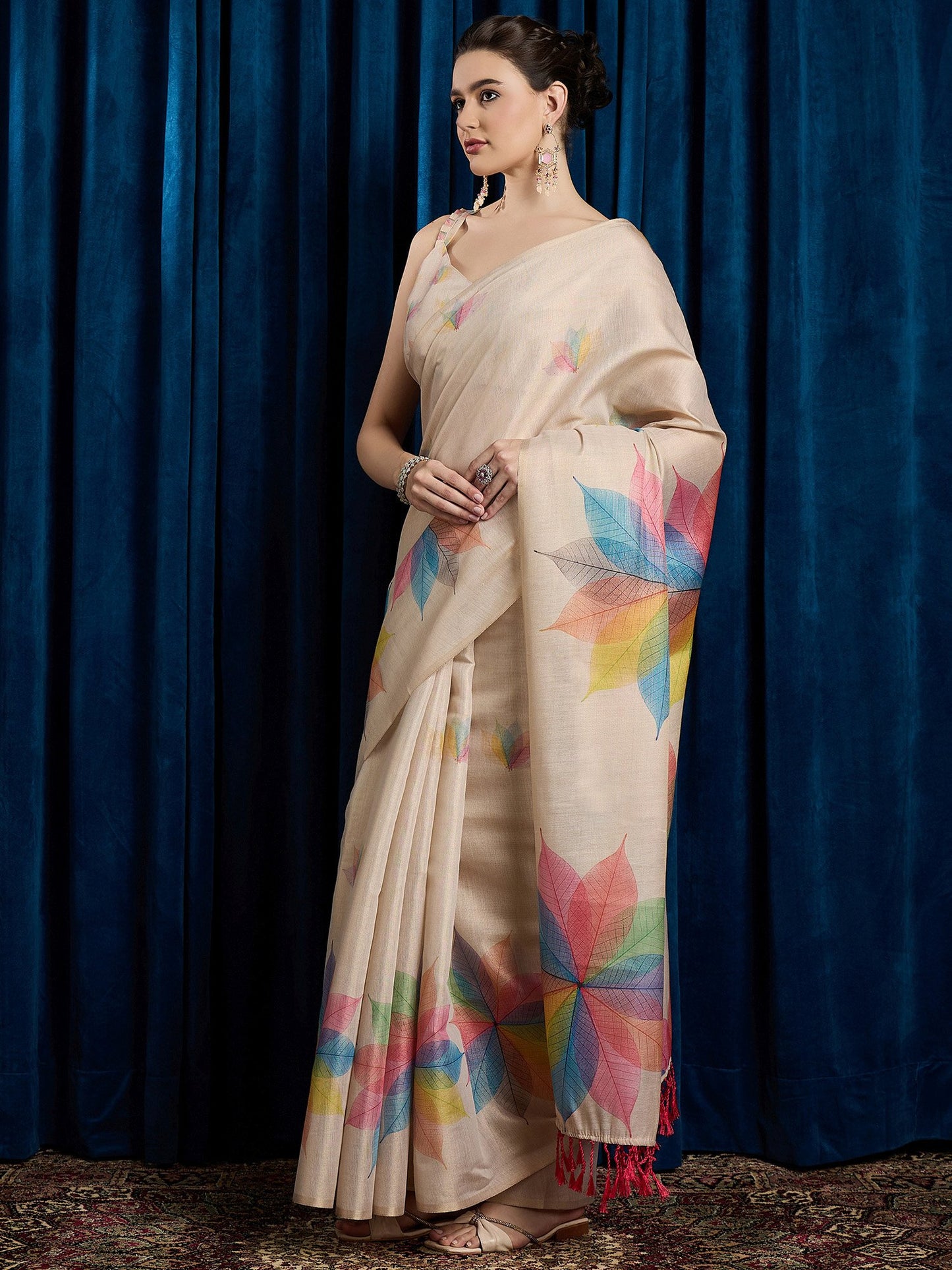 Beige Party Wear Linen Blend Printed Saree
