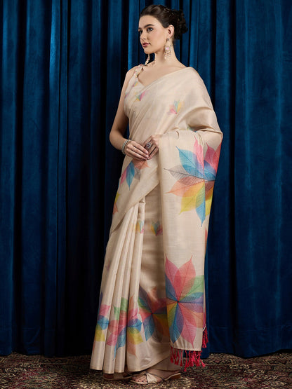 Beige Party Wear Linen Blend Printed Saree