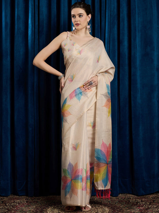 Cream Beige Party Wear Linen Blend Printed Saree